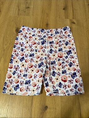 Floral-Print Women's Bike Shorts - White with Purple & Pink Flowers